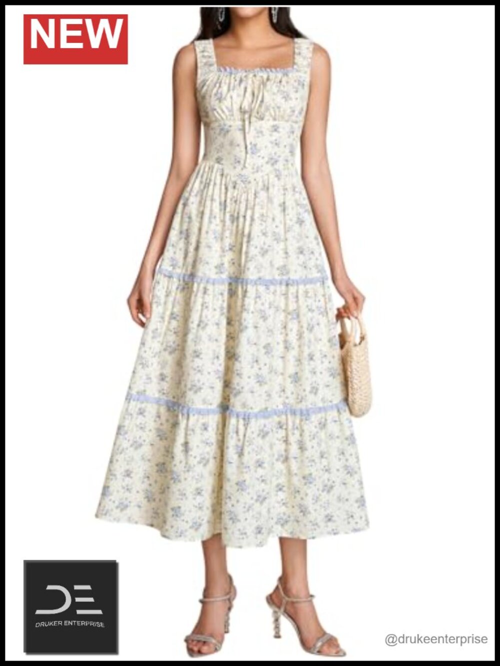 KUTUMAI Floral Midi Dress Corset Smocked Cottagecore Tiered Sundress